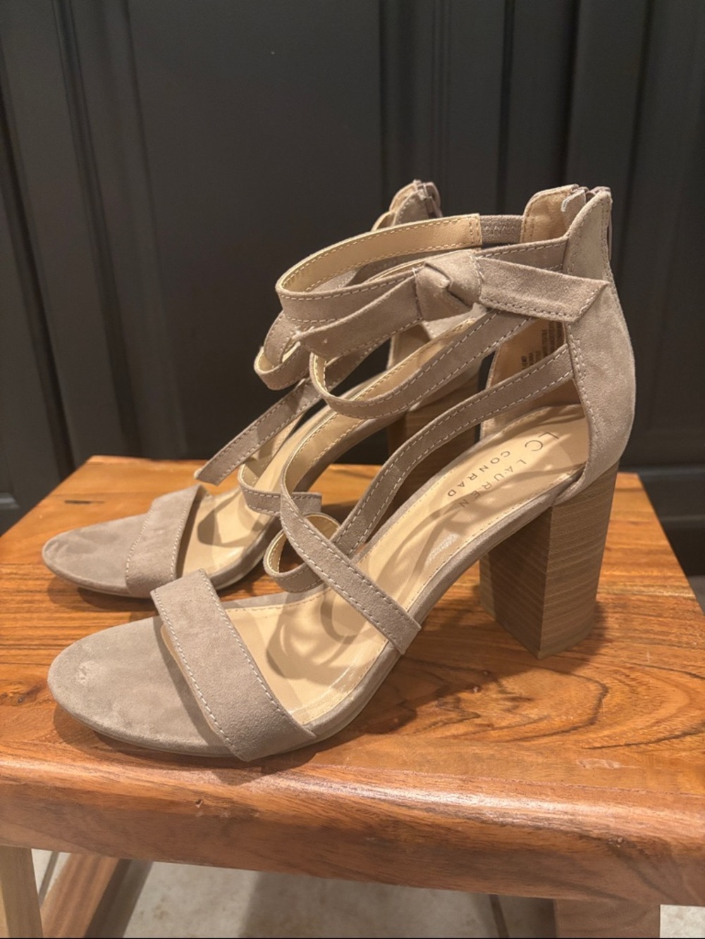 LC Lauren Conrad Taupe Suede Strappy Block Heel Sandals